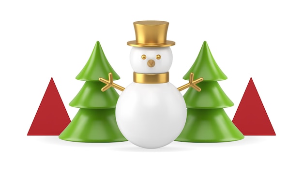 Christmas composition snowman and glossy green spruce festive bauble realistic 3d icon vector