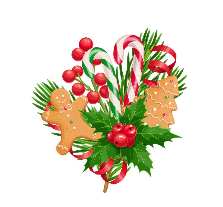 Vector christmas composition of spruce twig gingerbread man and tree holly