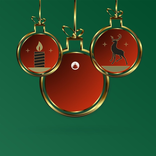 Christmas composition with abstract goldframed balls with silhouettes of deer and candles