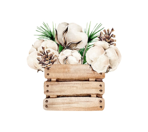 Christmas composition with cotton pine cone in a wooden box