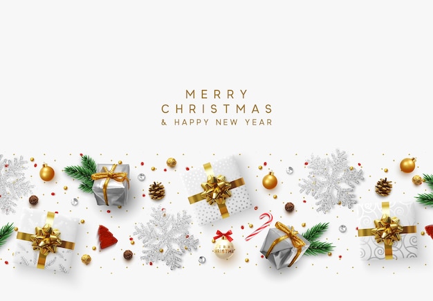 Christmas composition with decorative elements of design. Holiday decoration the border of realistic objects. Xmas greeting card, golden text Merry Christmas and Happy New Year. Vector illustration