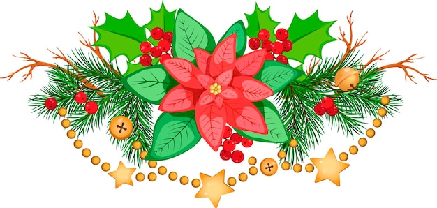 Vector christmas composition with poinsettia fir branches with holly branches berries and golden garland