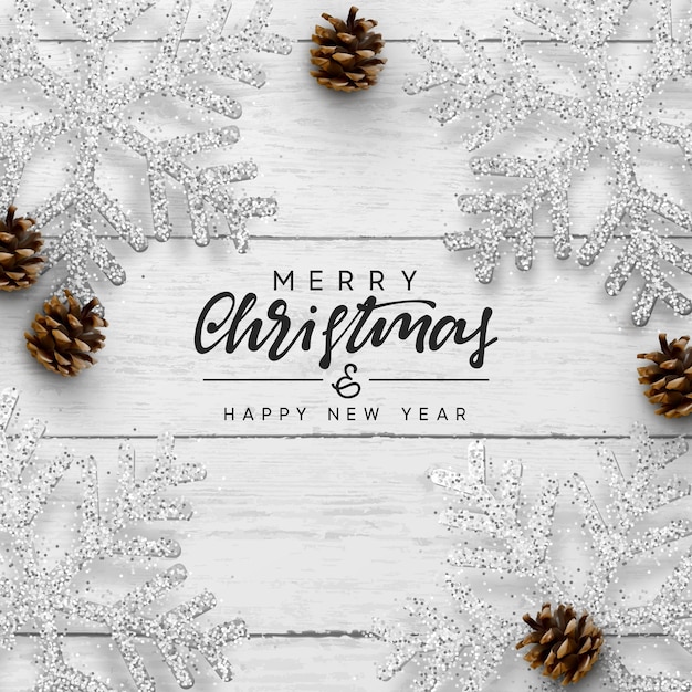 木製の背景にクリスマスの組成物。銀の雪片と円錐形の松、カリグラフィ テキスト メリー クリスマスと新年あけましておめでとうございます。白い木の質感。ベクトル イラスト
