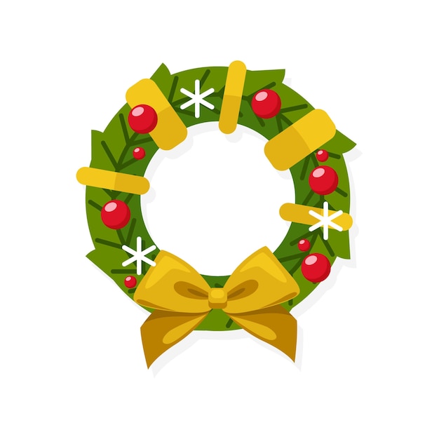 Christmas concept, christmas wreath made of spruce with a golden ribbon and red balls