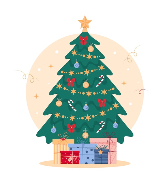 Concetto di natale. simpatico albero di natale con regali e decorazioni. illustrazione vettoriale.