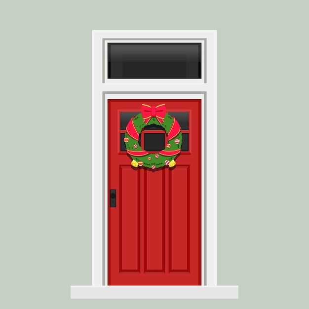 Рождественская концепция иллюстрации векторная иллюстрация красной двери с висящим на ней рождественским декоративным венком