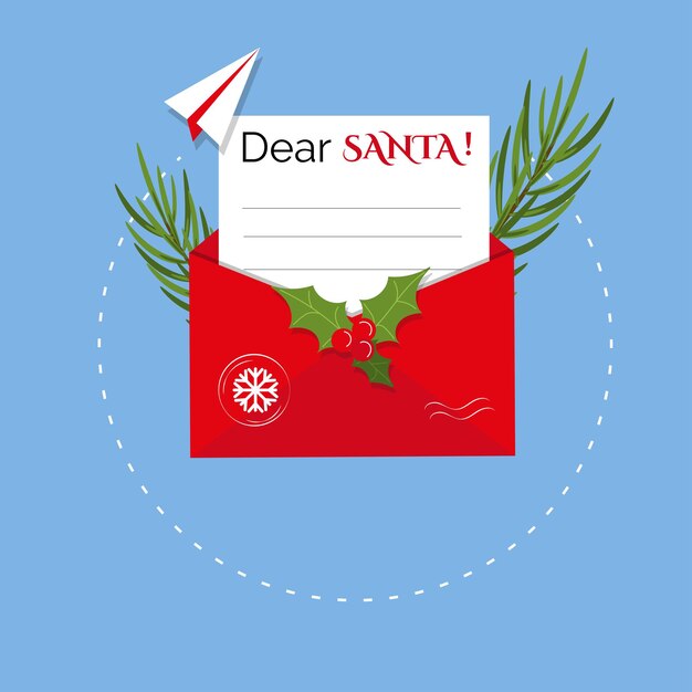 Il concetto di natale di una lettera a babbo natale aeroplano di carta e busta postale