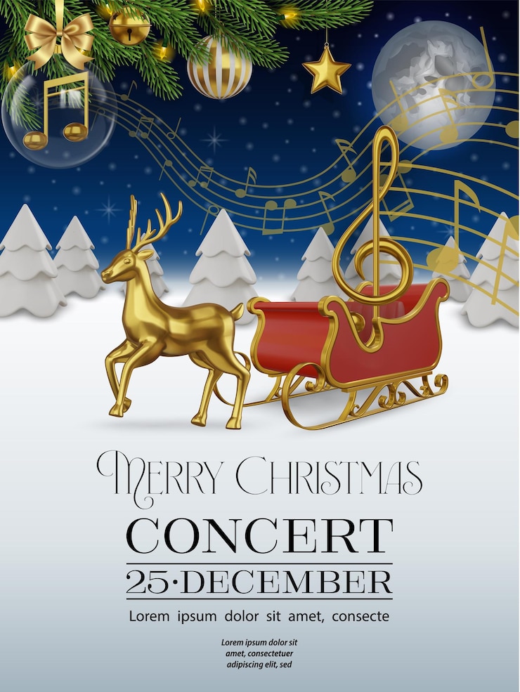 Vector christmas concert flyer with pine branches gold musical notes and realistic santa claus sleigh