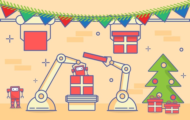 christmas conveyor belt with the mechanical hands automated the robot pack gifts