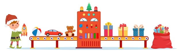 Рождественский конвейер с эльфами упаковывает подарки и кладет их в мешок фабрики Санта-Клауса для производства подарков. Украшение с Новым годом. С праздником Рождества. Векторная иллюстрация в плоском стиле.