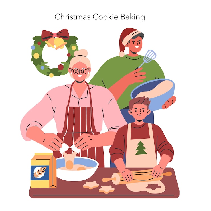 Vector christmas cookie baking concept a heartwarming scene of a family preparing holiday treats together