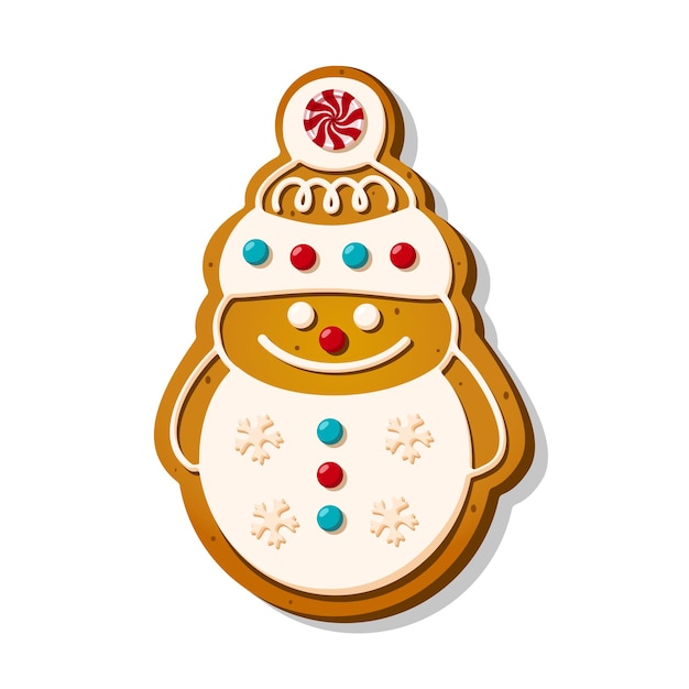 Vector christmas cookie gingerbread in snowman shape with sugar glaze in cartoon style festive sweet