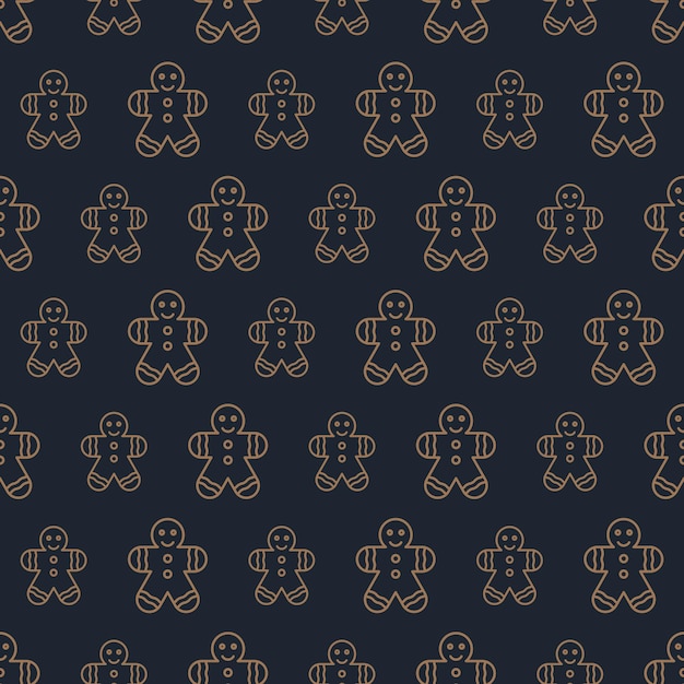 Christmas cookie man candy seamless pattern gold color line style on black background