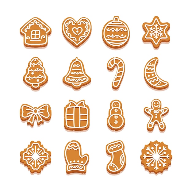 Vector christmas cookies, gingerbread bakery. cartoon sweets in shape of star, fir-tree and heart, ginger man and house. candy cane, gift box, snowman and sock or mitten, snowflake or bow pastry vector set