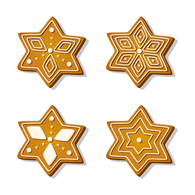 Christmas cookies gingerbread in shape of stars with sugar icing in a cartoon style. festive sweet cookies on white background. homemade dessert. vector illustration.
