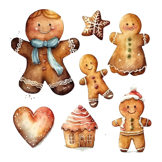 Christmas cookies watercolor in cartoon style on green background vector art illustration cute carto