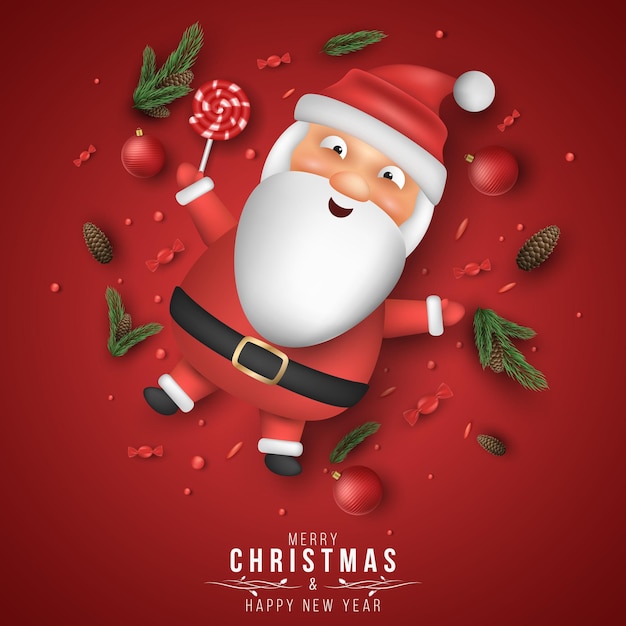 Christmas cover design with 3d emotional cartoon santa lies with lollipop candy balls and festive fir tree with cone on red background xmas banner for your mockup vector