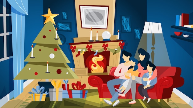 ツリーとギフトボックスクリスマス居心地の良い部屋。