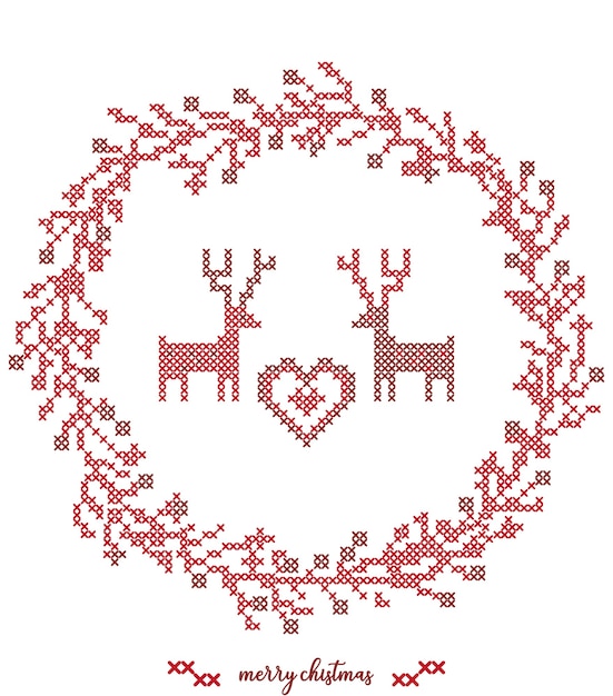 Vector christmas crown cross stitch embroidery with christmas reindeers .