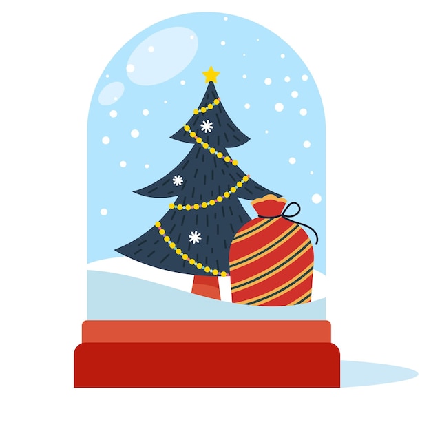 Christmas crystal snow globe with xmas tree and red gift bag vector illustration of snow globe