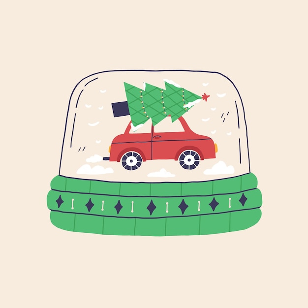 Vector christmas crystal snow globe with xmas tree on roof car