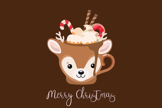 Christmas cup with deer and sweets. vector holiday card with coffee cup, christmas ornaments