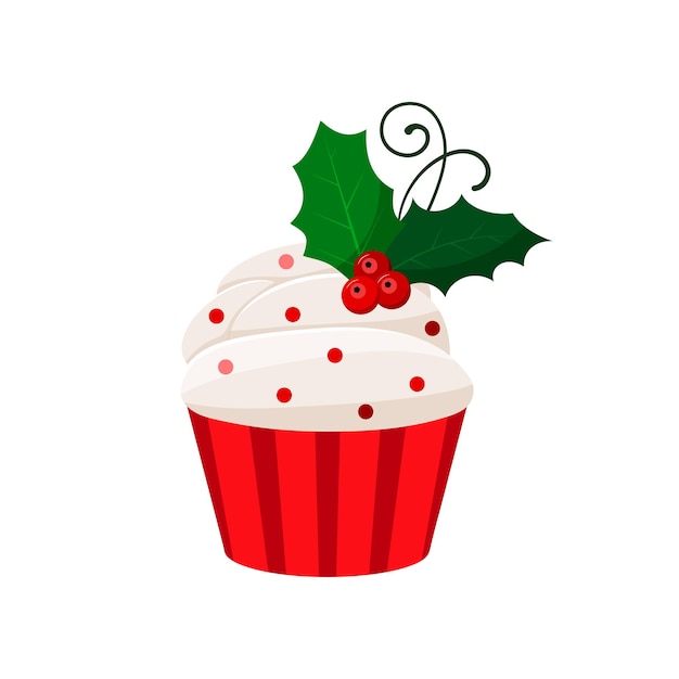 Christmas cupcake with mistletoe cute winter sweets food xmas icing muffin sugar cream with mistletoe red berry and green leaves flat cartoon dessert vector illustration