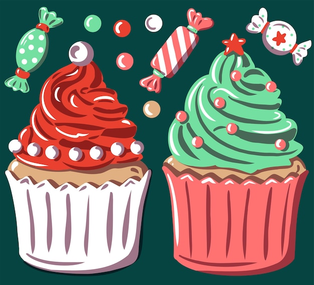 Vector christmas cupcakes set with winter sweets food and candy muffin santa claus hat and christmas tree