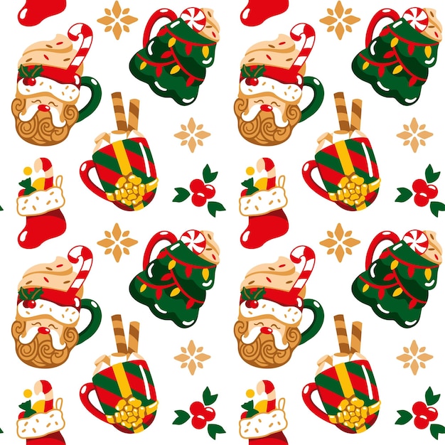 Christmas cups in the shape of a Santa Claus, christmas tree and gift boxes. Cute print.