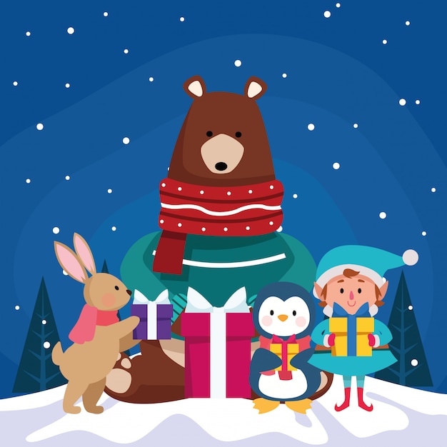 Christmas cute animals and elf with gift boxes over winter night , colorful  ,  illustration