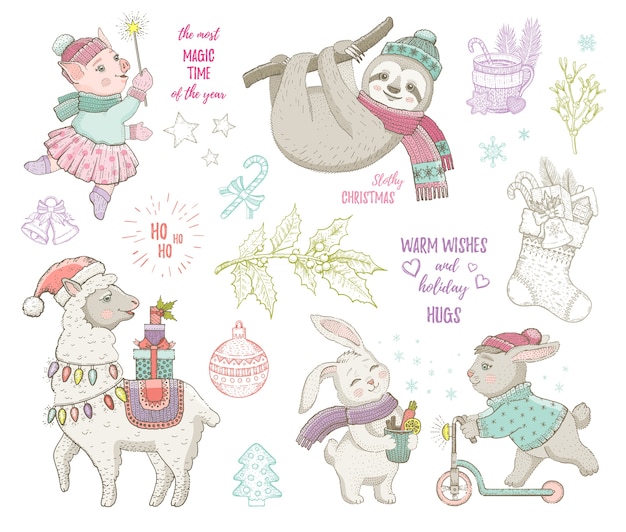 クリスマスかわいい動物ラマナマケモノウサギ豚。手描きのトレンディな落書きセット。メリークリスマス＆新年あけましておめでとうございます漫画のスケッチ