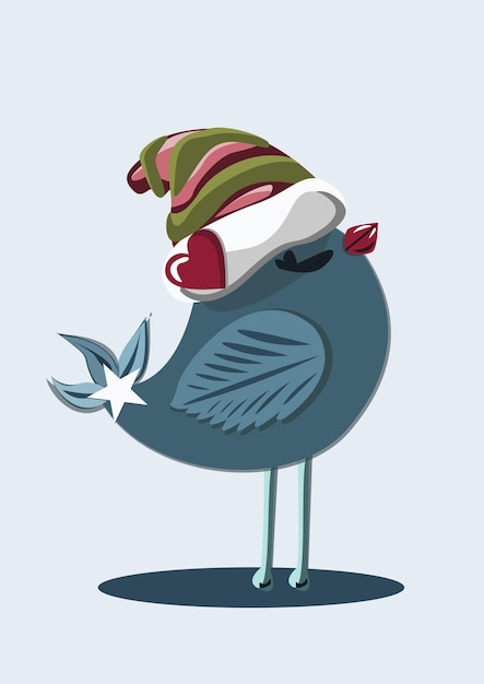 Vector christmas cute bird in a new years hat with a heart and an asterisk on the tail