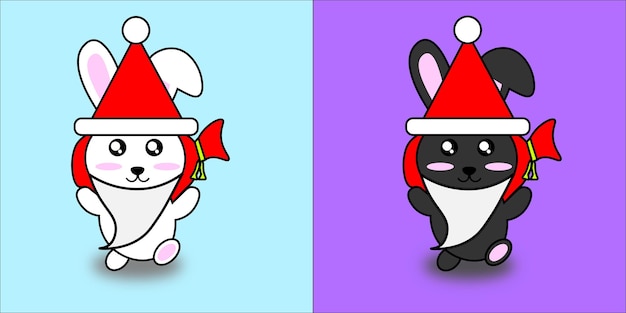 Christmas cute bunnies in santa hat with a bag of gifts