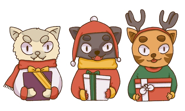 Vector christmas cute cats holding christmas presents