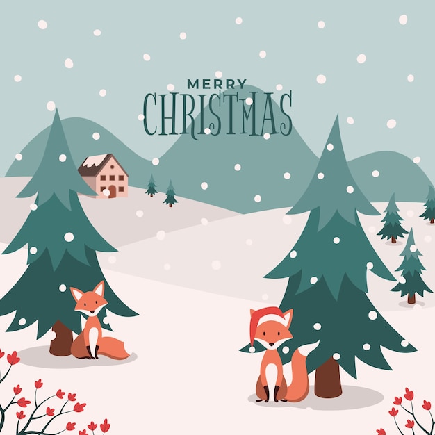 Christmas cute fox  greeting card. Christmas town