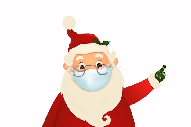 クリスマスかわいい、幸せなサンタクロース医療用フェイスマスクを身に着けて、白い背景で隔離の挨拶。パンデミック発生の健康危機の間の安全な休日。サンタクロースの漫画のキャラクター。
