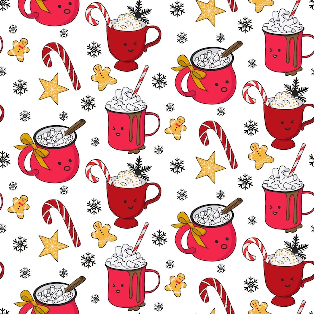 Christmas cute kawaii hot drinks seamless pattern winter holiday with childish characters