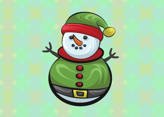Christmas Cute Little Cheerful Snowman with Red Scarf and Santa Cap Christmas cute cartoon character
