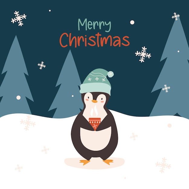 Christmas Cute Little Penguin with Santa Cap and hot drink