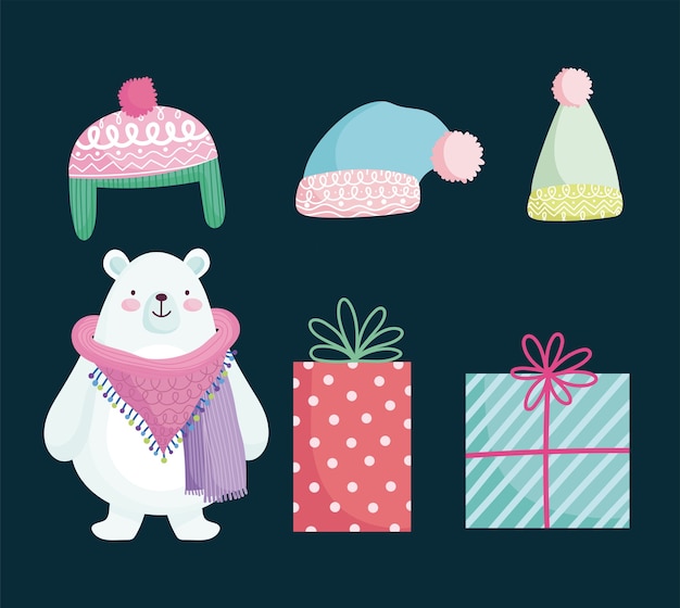 Christmas, cute polar bear gifts and hats cartoon  illustration