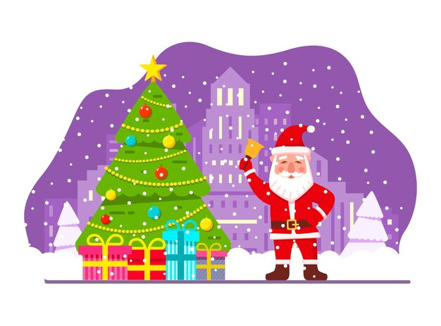 Christmas cute Santa Claus with gift Christmas tree Night winter city