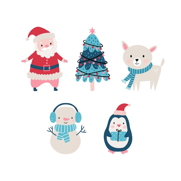 Vector christmas cute set in hand drawn style includes animals, santa and other elements.