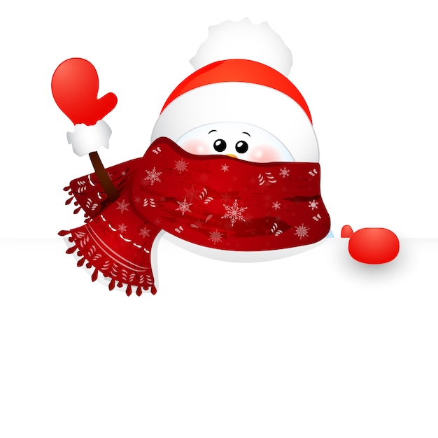 Рождество милый снеговик с шарфом и красной шляпе санта-клауса и знак.