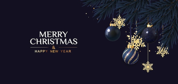 Christmas dark blue banner with festive snowflakes and balls
