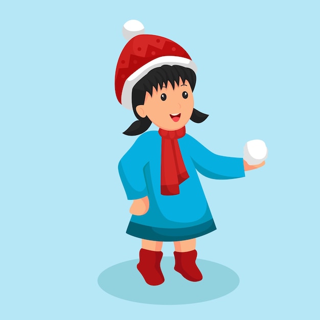 Christmas Day Little Girl with Snowball Character Design Illustration