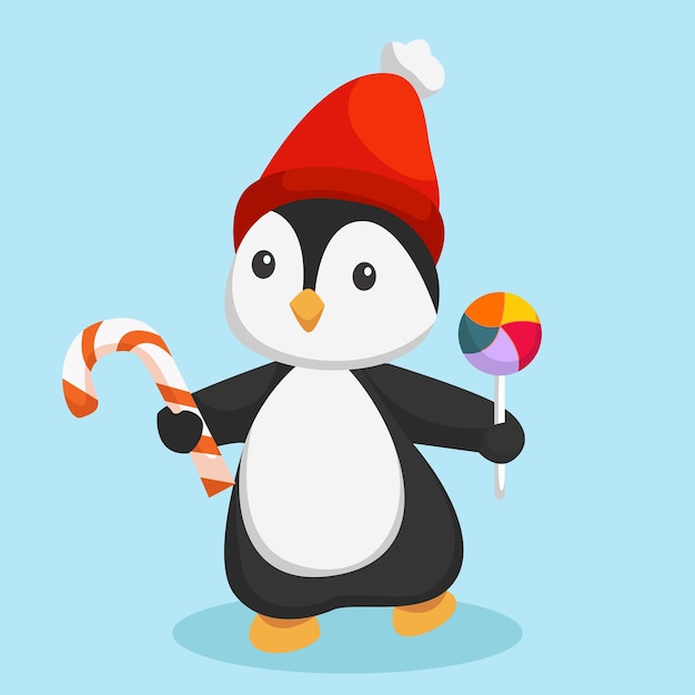 Christmas Day Penguin with Lollipop Character Design Illustration