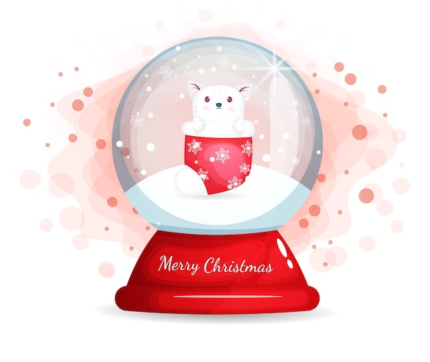 Vector christmas day with cute kitty in glass cloche