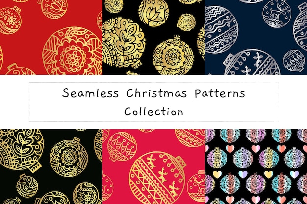 Christmas decor seamless pattern set Colourful floral and scandinavian decor on new year balls Use for background wrapping paper covers fabrics cards stationery Vector