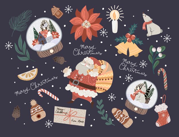 Vector christmas decor such as fir branch, glass ball, poinsettia, pine cones and more. 