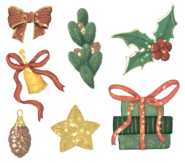 Vector christmas decor watercolor clipart set